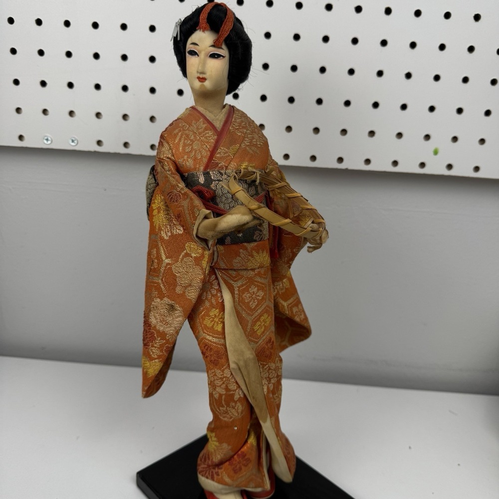 Vintage Japanese Geisha Doll Silk Kimono Red Ningyo Figurine w/ Hat  12" Display